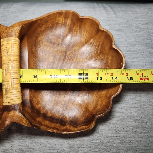 Vintage Philippines Monkey Pod Double Clam Shell Bowl, Woven Rattan Handle 14x9 - Picture 6 of 8